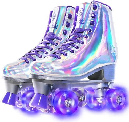Miniatura 9 de JajaHoho Patines de ruedas para mujeres, piel sintética holográfica de alta calidad, patines brillantes de doble fila de cuatro ruedas para niñas