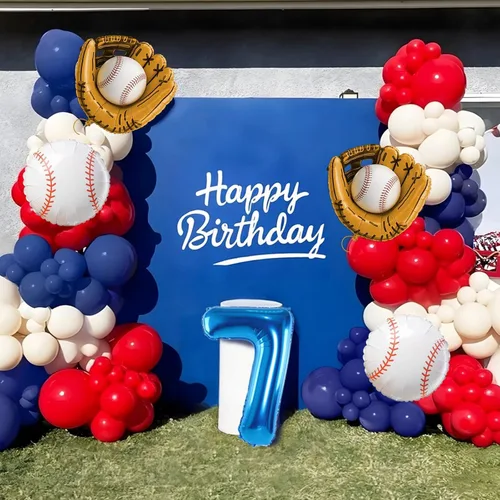 Miniatura 6 de Arco de globos de béisbol con globo azul marino del número 7 de 40 pulgadas, decoraciones de fiesta de 7º cumpleaños para niños con guante