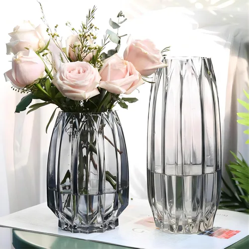 Miniatura 3 de Jarrón grande de 11 pulgadas, florero de vidrio acanalado transparente grueso para estantería, mesa de comedor, escritorio de oficina interior, sala