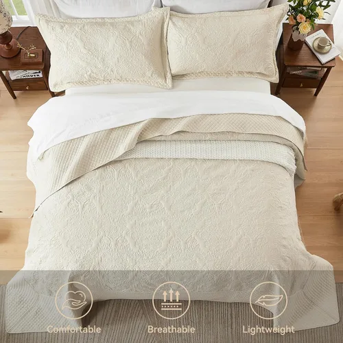 Miniatura 3 de ENJOHOS Juego de edredón extragrande tamaño King, color beige, 128 x 120 pulgadas, tamaño California King, colcha extragrande con diseño de damasco
