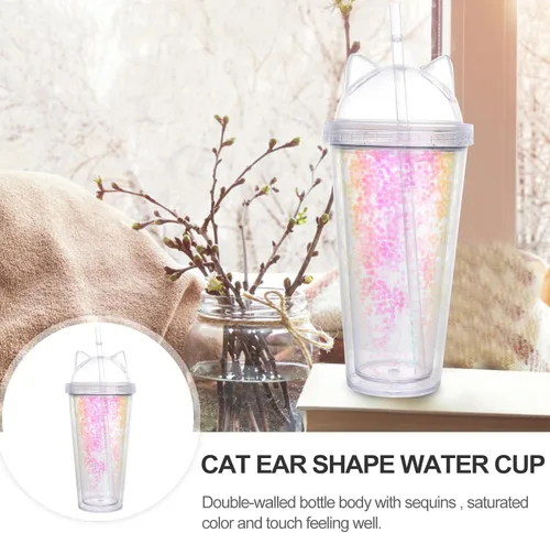 Miniatura 7 de UPKOCH Vaso de agua de doble pared con forma de oreja de gato, vaso de paja de plástico con lentejuelas, elegante botella de bebida reutilizable