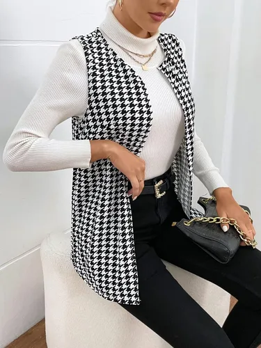 Miniatura 4 de WDIRARA Chaleco elegante sin mangas con pata de gallo abierto para mujer, abrigo largo