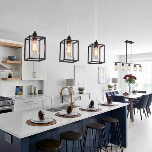 Miniatura 2 de Luces colgantes negras para isla de cocina, lámpara colgante de farol industrial con pantalla de vidrio transparente, iluminación colgante de altura