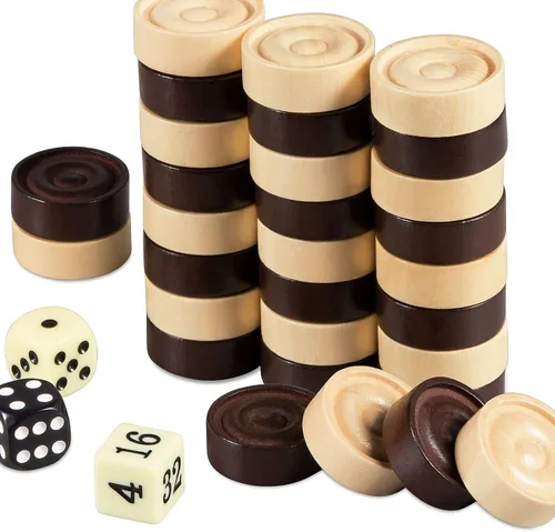 Miniatura 2 de BIVOMON Juego de 30 piezas apilables de madera clásicas, juego de 30 piezas de damas, 5 dados, 2 bolsas de almacenamiento con cordón, damas