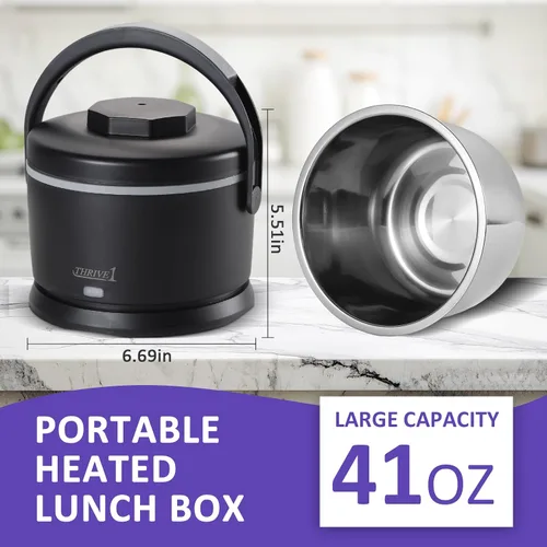 Miniatura 2 de Lonchera eléctrica para adultos de 40 oz, calentador de alimentos portátil 12V/24V/110V/220V, lonchera con calefacción para trabajo, oficina, Negro