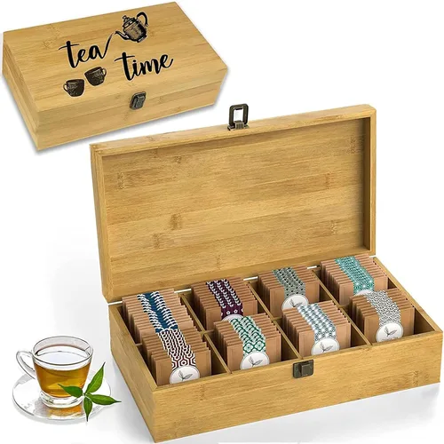 Miniatura 19 de Caja Organizadora de Té de Bambú Libre de Químicos Ecológica Grande, Alta, Compartimentos Ajustables Cofre de Almacenamiento de Madera Natural