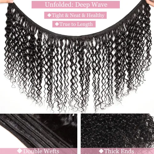 Miniatura 4 de 1 manojos de cabello humano ondulado profundo de 12 pulgadas, 100% virgen sin procesar, 10A, cabello humano brasileño húmedo y ondulado, doble