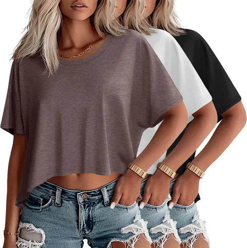 Miniatura 18 de Huukeay Paquete de 3 camisetas recortadas de gran tamaño para mujer, manga corta, holgadas, cuello redondo, holgadas, para entrenamiento