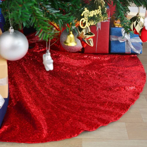 Falda B-Cool de árbol, con lentejuelas brillantes, diseño de árbol de Navidad, color oro rosa con lentejuelas hechas a mano, para el hogar, Rojo