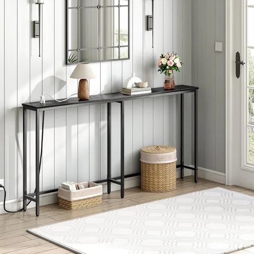 Miniatura 2 de HOOBRO - Mesa de consola estrecha de 63" con estación de carga, mesa de sofá de 5.9" con 2 tomas de corriente y puertos USB, mesas largas de entrada