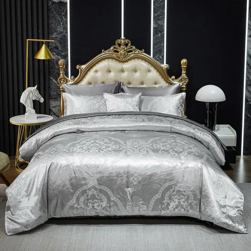 Miniatura 21 de Juego de edredón Queen de jacquard verde, juego de sábanas, elegante juego de ropa de cama de 8 piezas bordado, diseño floral neoclásico, decoración