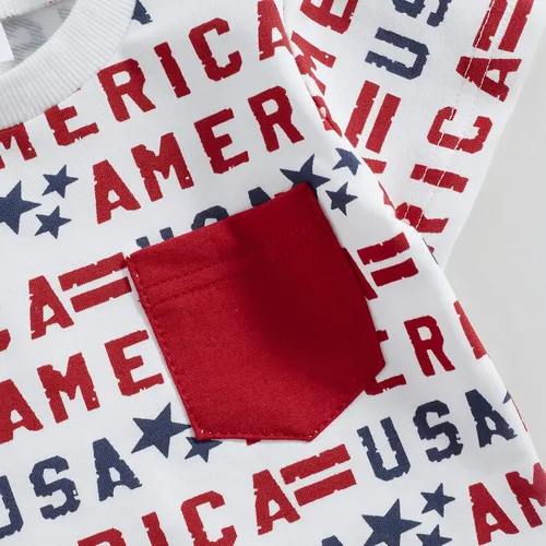 Miniatura 5 de Ynibbim Conjunto de ropa de verano para niños pequeños del 4 de julio, camiseta con estampado de letras y pantalones cortos de algodón