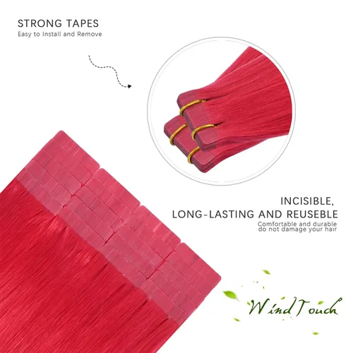 Miniatura 3 de WindTouch Extensiones de cabello humano con cinta adhesiva, color rojo, 20 unidades, 14 pulgadas, #rojo, 1.06 oz