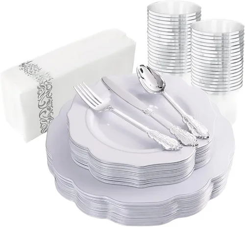 Miniatura 21 de NOCCUR 175 platos de plástico color oro rosa con cubiertos desechables, incluye 25 platos de cena, 25 platos de postre, 25 tenedores, 25 cuchillos