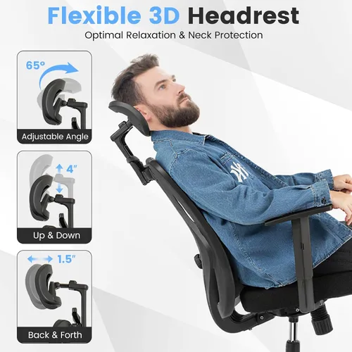 Miniatura 4 de COSTWAY Silla de oficina de malla, sillas ergonómicas de escritorio para computadora con reposacabezas 3D, reposabrazos ajustables y soporte lumbar