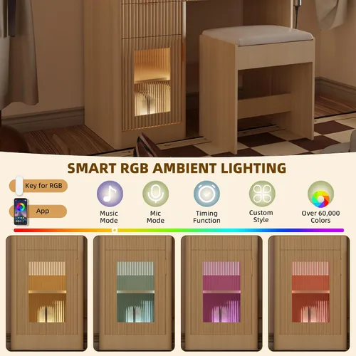 Miniatura 5 de Juego de tocador de maquillaje con espejo LED ajustable, 4 cajones, armarios de vidrio RGB, toma de corriente y taburete, tocador acanalado