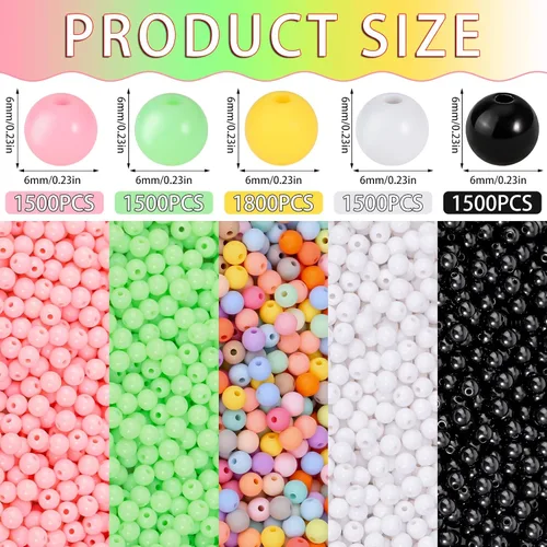 Miniatura 2 de 1500 cuentas negras redondas acrílicas para pulseras de 0.236 in de plástico, cuentas de colores para hacer joyas, cuentas de resina arcoíris