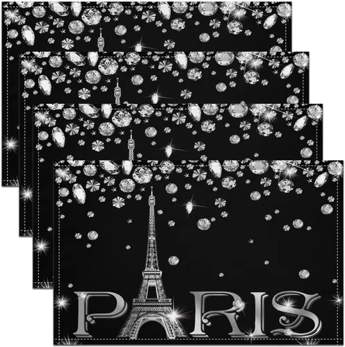 Erosebridal Juego de 4 manteles individuales de la Torre Eiffel para niñas, manteles individuales románticos de París en blanco y negro de 12 x 18