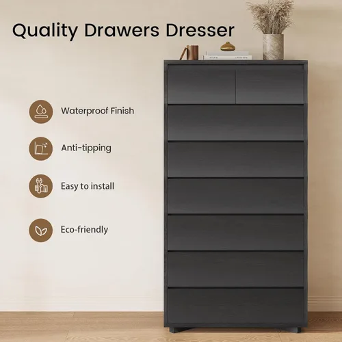 Miniatura 9 de Cómoda alta negra para dormitorio, cómoda de 61.1 pulgadas de alto con 8 cajones, cómodas de madera y cómodas, organizadores de cajones verticales