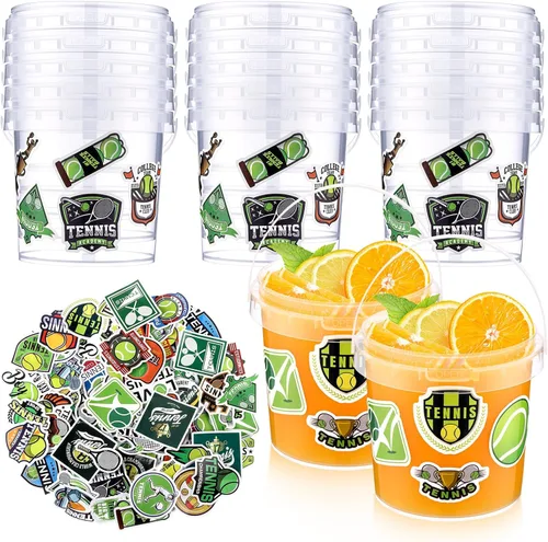 Miniatura 13 de PerKoop 20 cubos de helado de 32 onzas con tapas y asas, cubos transparentes de ron de cóctel con calcomanías, tina transparente de plástico