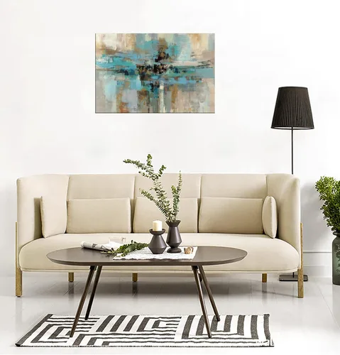 Miniatura 2 de DZL Art A74769 - Impresiones en lienzo abstractas para pared, pinturas artísticas azules y marrones, lienzo estirado de madera, enmarcado para sala