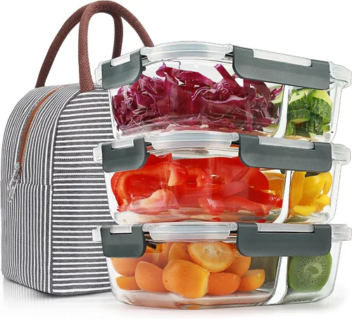 Miniatura 11 de DAS TRUST Paquete de 3 recipientes de almacenamiento de alimentos, 2 compartimentos, recipientes de vidrio para preparación de comidas con tapas