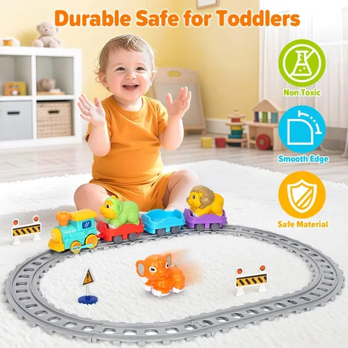 Miniatura 6 de Juego de tren eléctrico para niños pequeños, juguetes realistas de tren de vapor para niños con vías, juguetes de animales para niños pequeños de 1