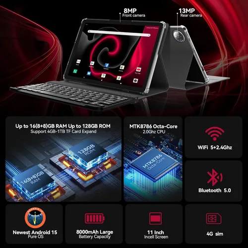 Miniatura 2 de KADYBE Tableta Android 15 de 11 pulgadas, las tabletas más recientes de 2025 con 16GB RAM 128GB ROM 1TB expandible, tableta con teclado, batería