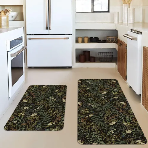 Miniatura 2 de Alfombras de Cocina Vintage Negras y Verdes Botánicas, Juego de 2 Alfombras de Cocina Antideslizantes Lavables, Tapetes de Cocina con Helechos