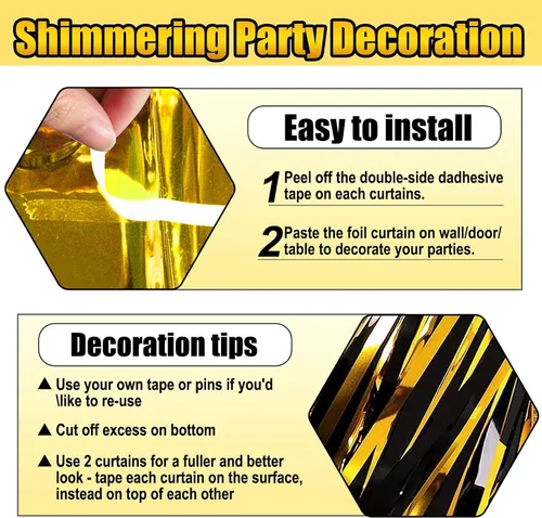 Miniatura 3 de Paquete de 3 cortinas de flecos de papel de aluminio negro y dorado, 3.28 pies x 6.6 pies, cortinas metálicas de oropel para cabina de fotos