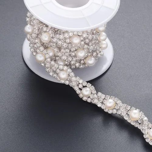 Miniatura 8 de Jerler Cadena de diamantes de imitación de cristal de 1 yarda, cuentas de perlas incrustadas para decoración de bricolaje y adornos de novia, ideal