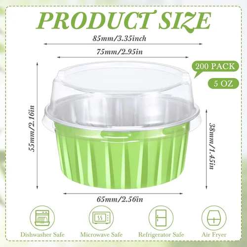 Miniatura 4 de Paquete de 200 Moldes de Papel de Aluminio para Hornear Cupcakes de 5oz Forros para Cupcakes Tazas de Postre con Tapas Moldes Desechables para Verde