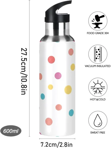Miniatura 9 de Colorful Polka Dots White Insulated Stainless Steel Water Bottle with Straw 32 Oz Leakproof Water Bottles, BPA-Free Sports Water Bottle
