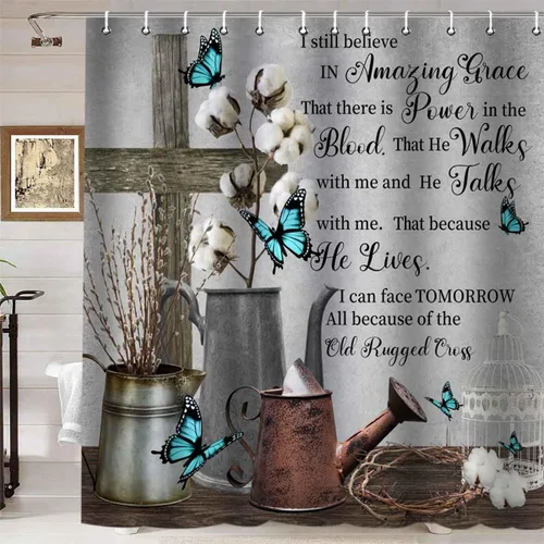 Miniatura 14 de Namdeva Cortina de ducha rústica de granja, diseño de mariposa azul, flores de algodón blanco, citas inspiradoras, estilo shabby chic, decoración