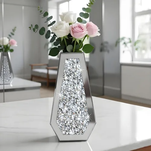 Miniatura 5 de ALLARTONLY Jarrón de Flores Jarrón Espejado de Diamante Triturado Cristal Plateado Vidrio Jarrón Espejo Decorativo Tamaño Grande Lujo