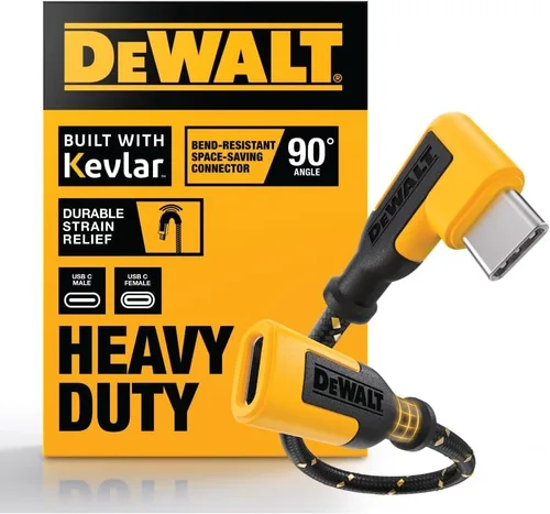 DEWALT Adaptador de cable de extensión USB-C de 90 grados resistente de 100 W PD - Conector en ángulo tipo C macho a hembra con cable reforzado de