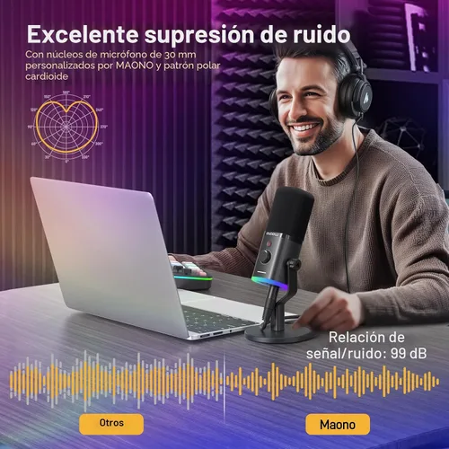Miniatura 5 de MAONO Micrófono dinámico USB/XLR para transmisión de juegos, micrófono de computadora con software-RGB, botón de silencio, micrófono de escritorio