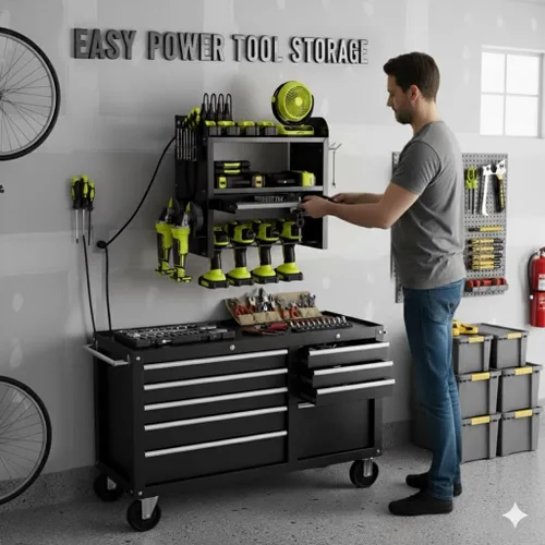 Miniatura 5 de KSVO Organizador de herramientas eléctricas para montaje en pared con estante de taladro y cajones de bloqueo, estante de herramientas de metal Negro