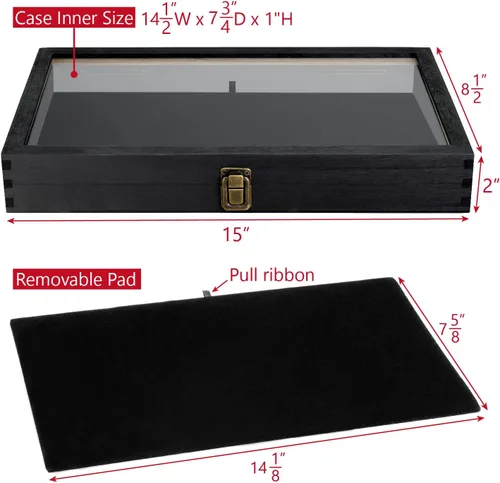 Miniatura 2 de MOOCA Vitrina de madera para joyas, vitrina de bolsillo con tapa superior de vidrio templado y almohadilla de joyería de terciopelo MDF de lujo