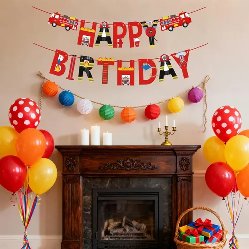 Miniatura 4 de Cartel de feliz cumpleaños de camión de bomberos para niños y adultos, bomberos de rescate de bomberos, letrero de fiesta de cumpleaños, suministros