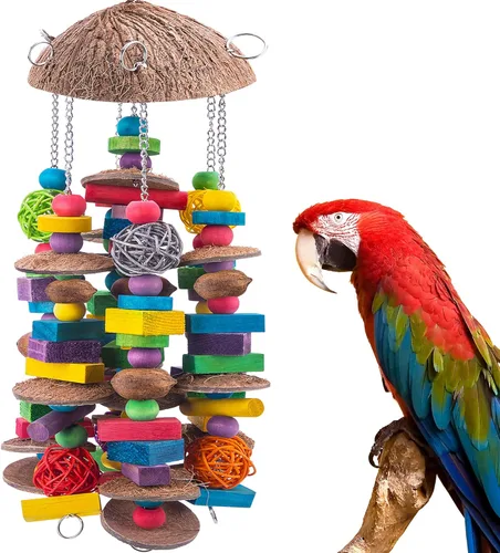 EBaokuup Juguetes grandes para loros, coloridos bloques de madera para masticar, loros, jaula de mordeduras, juguete para guacamayos, cokatoos, gris
