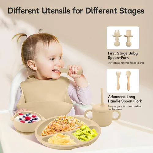 Miniatura 3 de Juego de alimentación de silicona para bebés, artículos esenciales para la alimentación del bebé, cuenco de succión para bebés, platos, babero