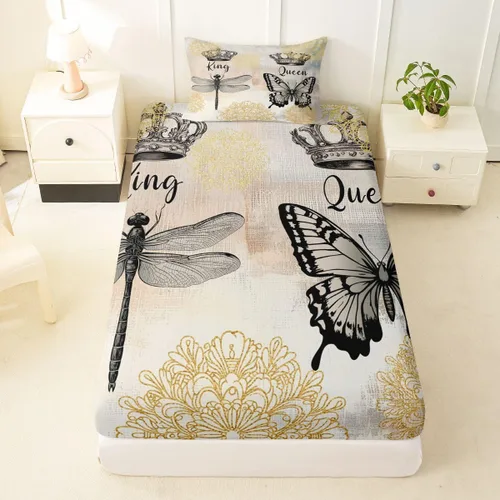 Miniatura 14 de Sábana bajera ajustable King Crown vintage negro y gris, sábanas románticas para el día de San Valentín, tamaño individual para mujeres, regalos