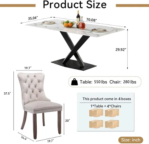 Miniatura 9 de Juego de mesa de comedor de mármol blanco para 4, 70 pulgadas, mesa de comedor de mármol blanco con 4 sillas de terciopelo beige y base de acero al