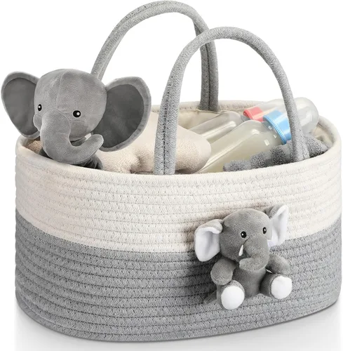 FoldTier Organizador de pañales de elefante, carrito de almacenamiento para guardería, con asa, cesta de baby shower, regalo de baño de bebé para