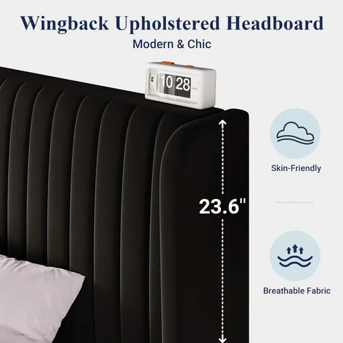 Miniatura 5 de Allewie - Base de cama tamaño King con cabecera acolchada en terciopelo y diseño acanalado vertical; plataforma de cama tapizada; listones de madera