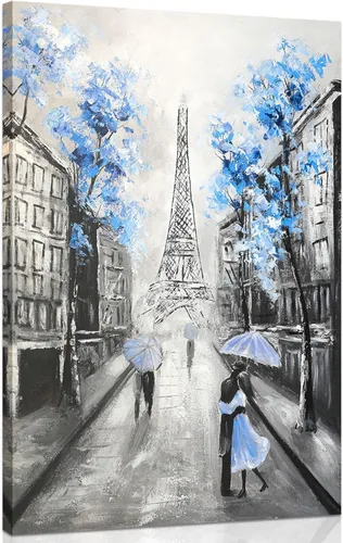 Miniatura 2 de YPY Arte de Pared en Lienzo Floral Azul de París: Imagen de Flor Azul Torre Eiffel Gris para Decoración de Baño, Pintura Texturizada de Paisaje