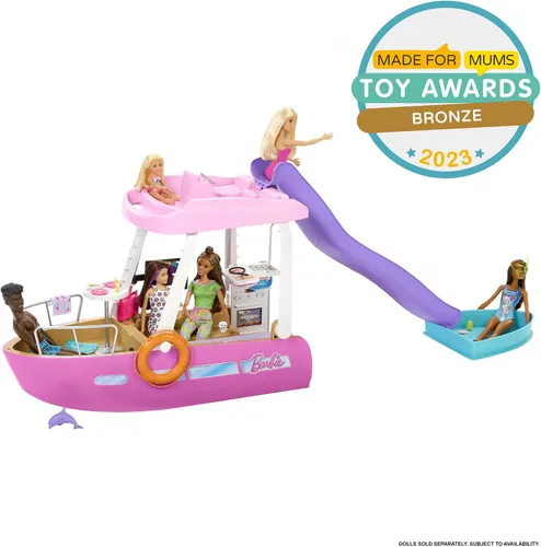 Miniatura 8 de Set de juego de barco de ensueño de Barbie con más de 20 accesorios temáticos marinos de tamaño para muñecas de moda, incluyendo piscina, tobogán