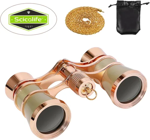 Miniatura 7 de Scicalife Binoculares compactos dorados de 3 x 25 pulgadas para adultos, gafas de teatro de bolsillo con cadena para ópera y conciertos, telescopio
