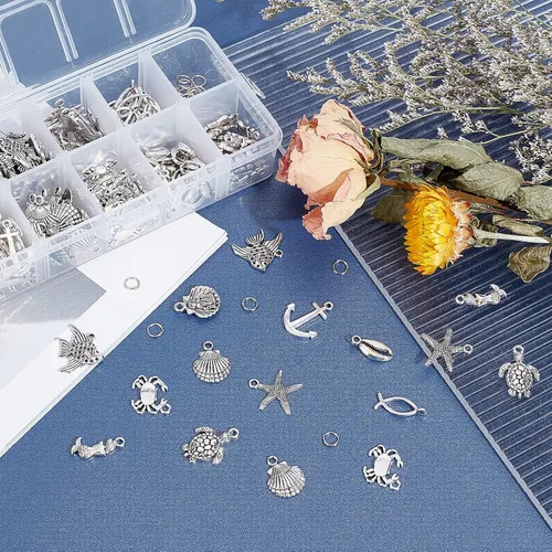 Miniatura 4 de PH PandaHall 180 dijes de concha de pez, 9 estilos de dijes de océano con 50 anillos de salto, colgante de estrella de mar, conchas marinas, peces 9